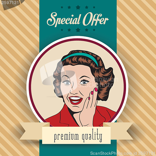 Image of happy woman, commercial retro clipart illustration