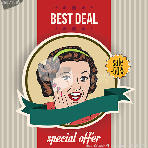 Image of happy woman, commercial retro clipart illustration