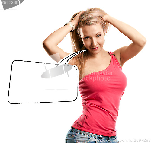 Image of Woman Looking on Camera With Speech Bubble