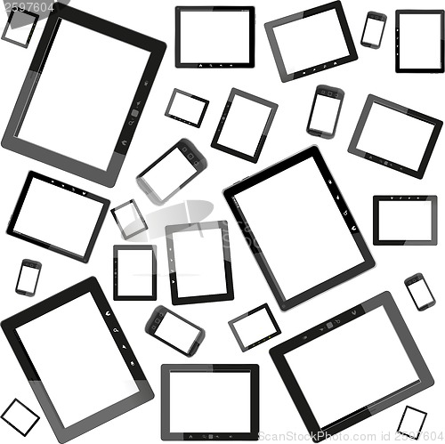 Image of Set of tablet pc computers with blank screen on white background