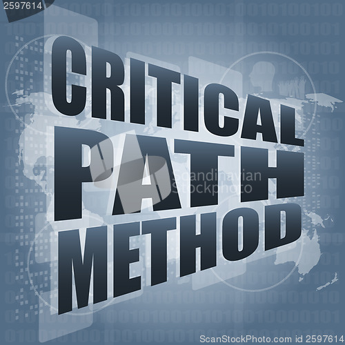 Image of critical path method words on digital screen with world map