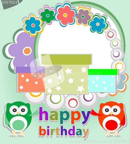 Image of birthday party card with cute birds and owl on trees and flowers