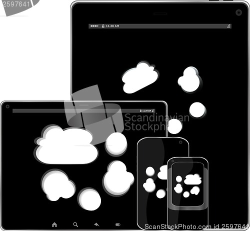 Image of mobile smart phone and digital tablet pc with cloud on the screen