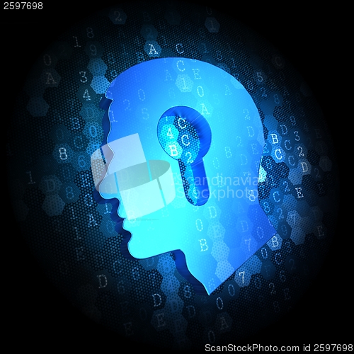 Image of Head with a Keyhole Icon on Digital Background.