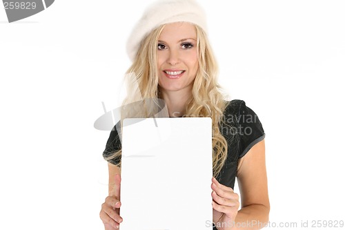 Image of Woman holding sign, brochure, message