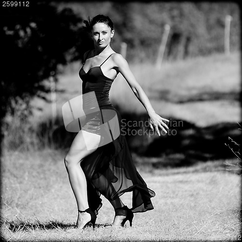 Image of Woman dancing the flamenco outdoors.
