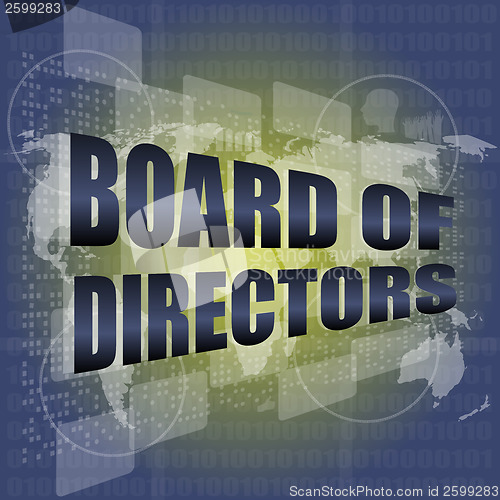 Image of board of directors words on digital screen background with world map