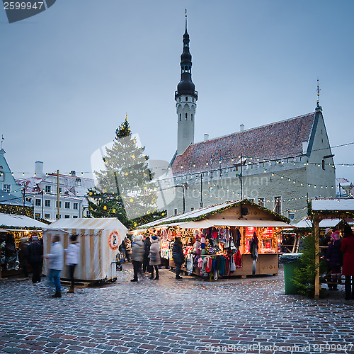 Image of TALLINN, ESTONIA — DECEMBER 08: People enjoy Christmas market 