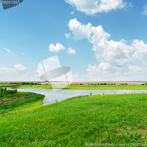 Image of green grass, river and clouds in blue sky