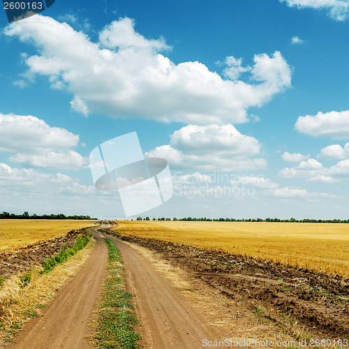 Image of dirty road to horizon in field and clouds in blue sky