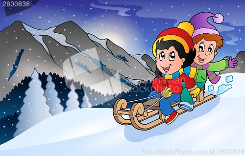 Image of Children on sledge in winter
