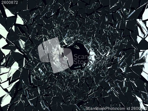 Image of Shattered black glass: sharp Pieces and hole 