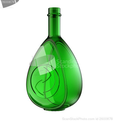 Image of Green bottle for whisky or cognac with recycling symbol isolated