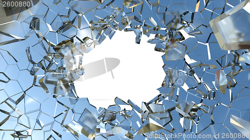 Image of Shattered glass: sharp Pieces and hole on white