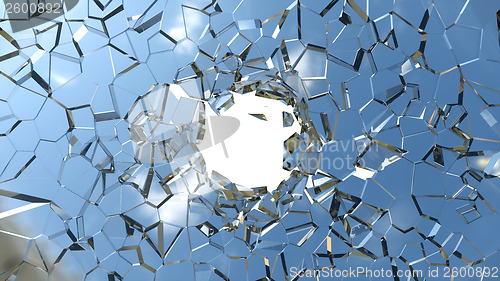 Image of Sharp pieces of blue shattered glass and hole 