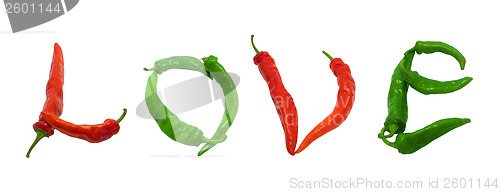 Image of Love text composed of red and green chili peppers