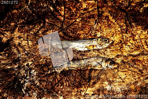 Image of Two small dried fishes on  wood