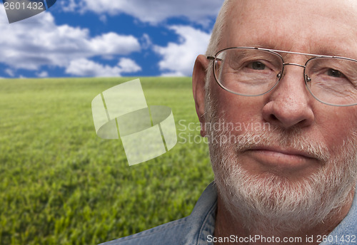 Image of Melancholy Senior Man with Grass Field Behind