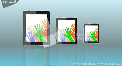 Image of touch tablet pc computer modern technology with hands