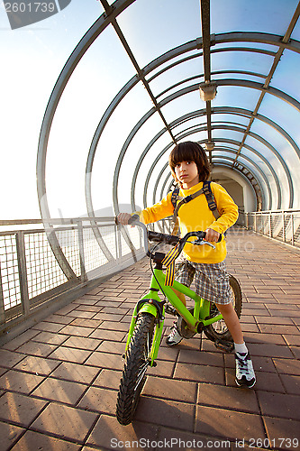 Image of boy on a bicycle in the covered bridge