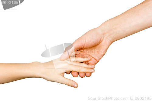 Image of Man's hand holding a child's hand