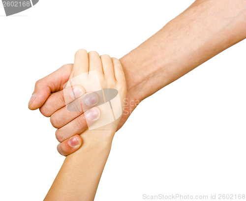 Image of Man's hand holding a child's hand