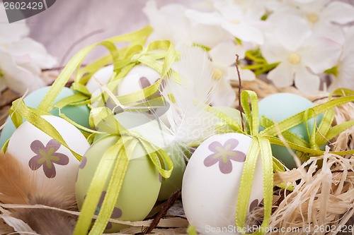 Image of Colourful green Easter eggs in straw