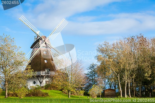 Image of Traditional wooden windmill in a lush garden