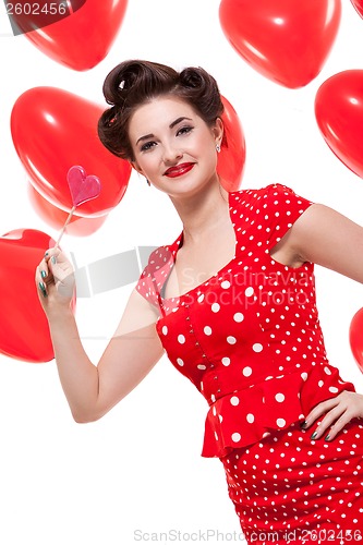 Image of smiling young attractive girl woman with red lips isolated