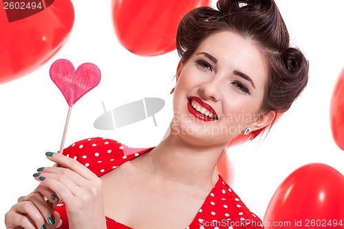 Image of smiling young attractive girl woman with red lips isolated