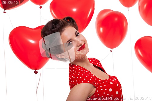 Image of smiling young attractive girl woman with red lips isolated