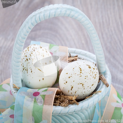 Image of Three natural blue Easter eggs in a basket
