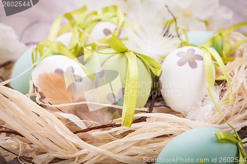 Image of Colourful green Easter eggs in straw