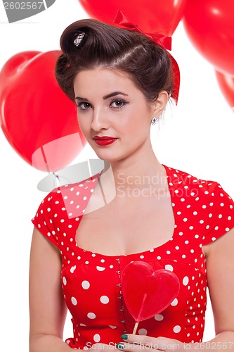 Image of smiling young attractive girl woman with red lips isolated