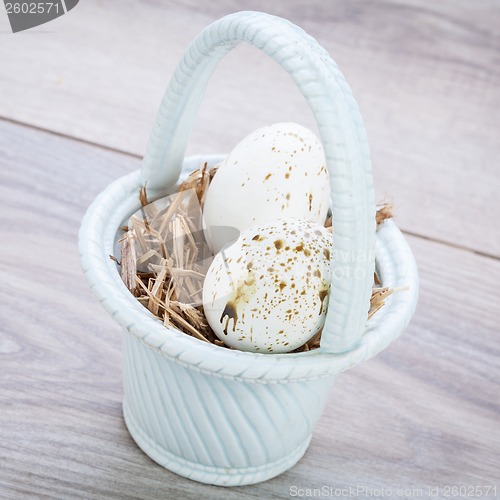 Image of Three natural blue Easter eggs in a basket