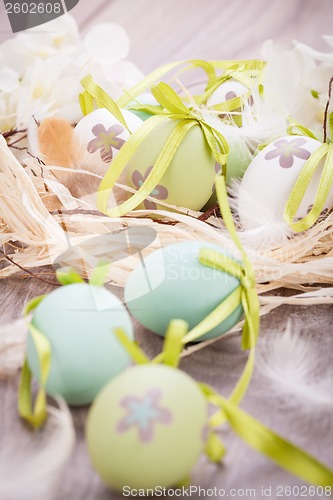 Image of Colourful green Easter eggs in straw