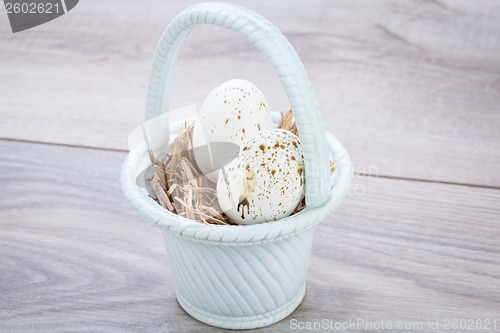 Image of Three natural blue Easter eggs in a basket