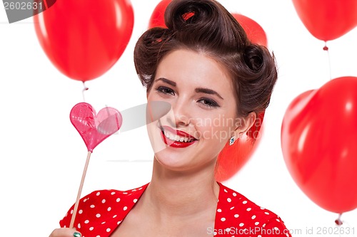 Image of smiling young attractive girl woman with red lips isolated