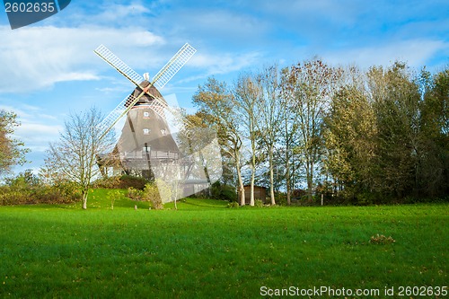 Image of Traditional wooden windmill in a lush garden