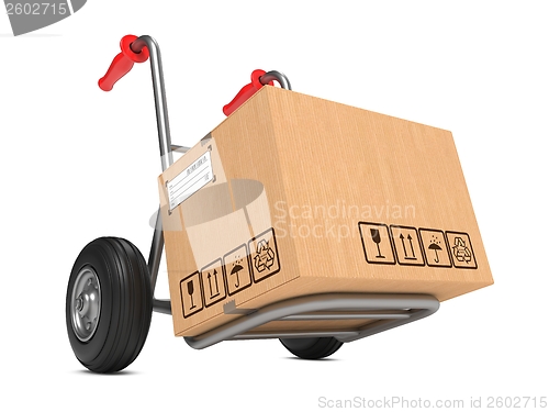 Image of Blank Cardboard Box on Hand Truck.