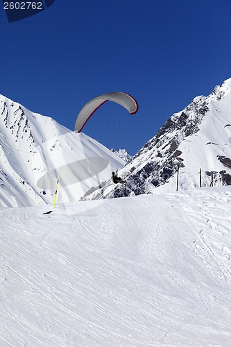 Image of Skydiver landing on ski slope at nice sun day