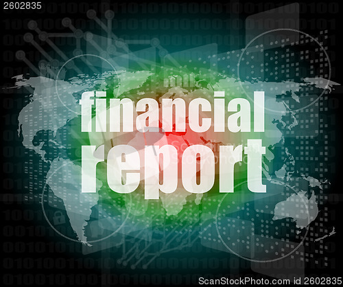 Image of financial report word on digital screen, mission control interface hi technology