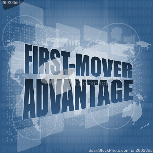 Image of first mover advantage words on digital touch screen interface