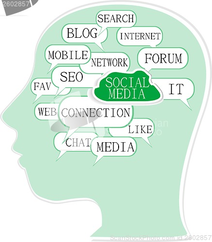 Image of the silhouette of head with the words on the topic of social networking