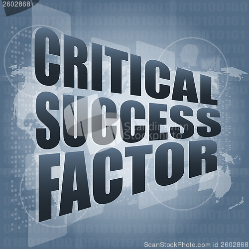 Image of critical success factor words on digital screen with world map