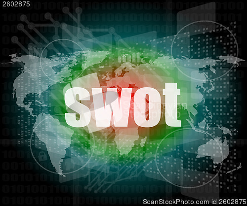 Image of swot word on touch screen, modern virtual technology background