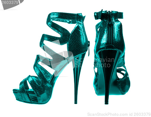 Image of Women's shoes dark turquoise colors. collage 