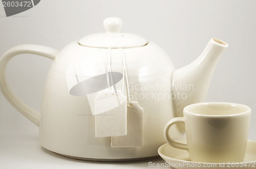 Image of white teacup and teapot with two blank labels