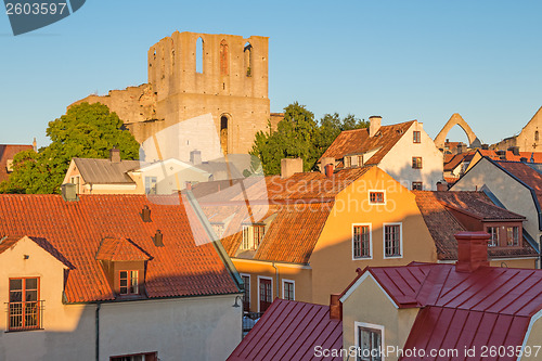 Image of Rooftops and a medieval fortress in Visby, Sweden