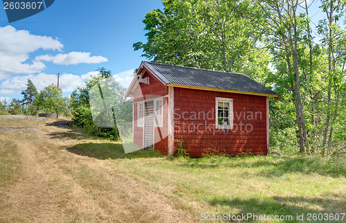 Image of Traditional Swedish cabin painted in red color